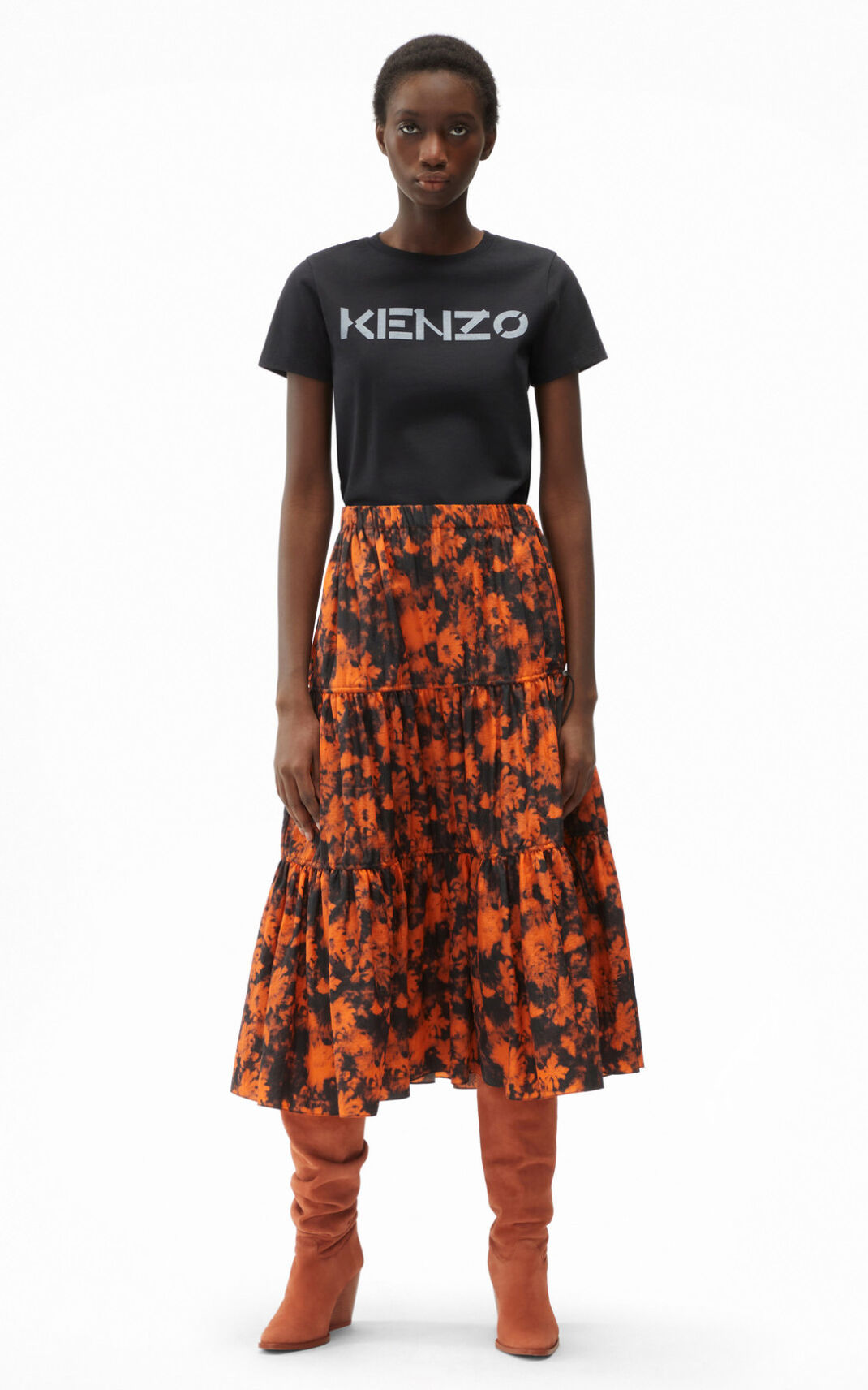 Jupe Kenzo Femme Ghost Flower Midi Orange MYJKR-9680